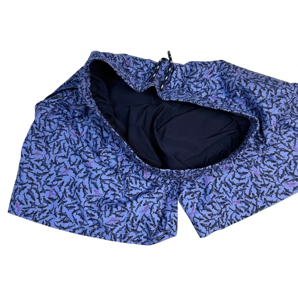 Greyson Mens Shark Print Swim Trunks Purple Blue Mesh Lined Board Shorts Size L